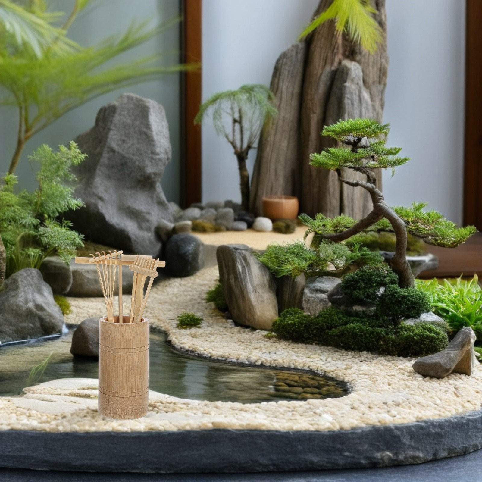 Gardening Tools Diy - 1 Set Zen-Sandrechen-Set, Miniatur-Bambus-Gartengeräte für Schreibtisch,